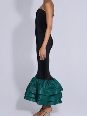 Strapless Black Ribbed Dress with Emerald Satin Ruffle Hem